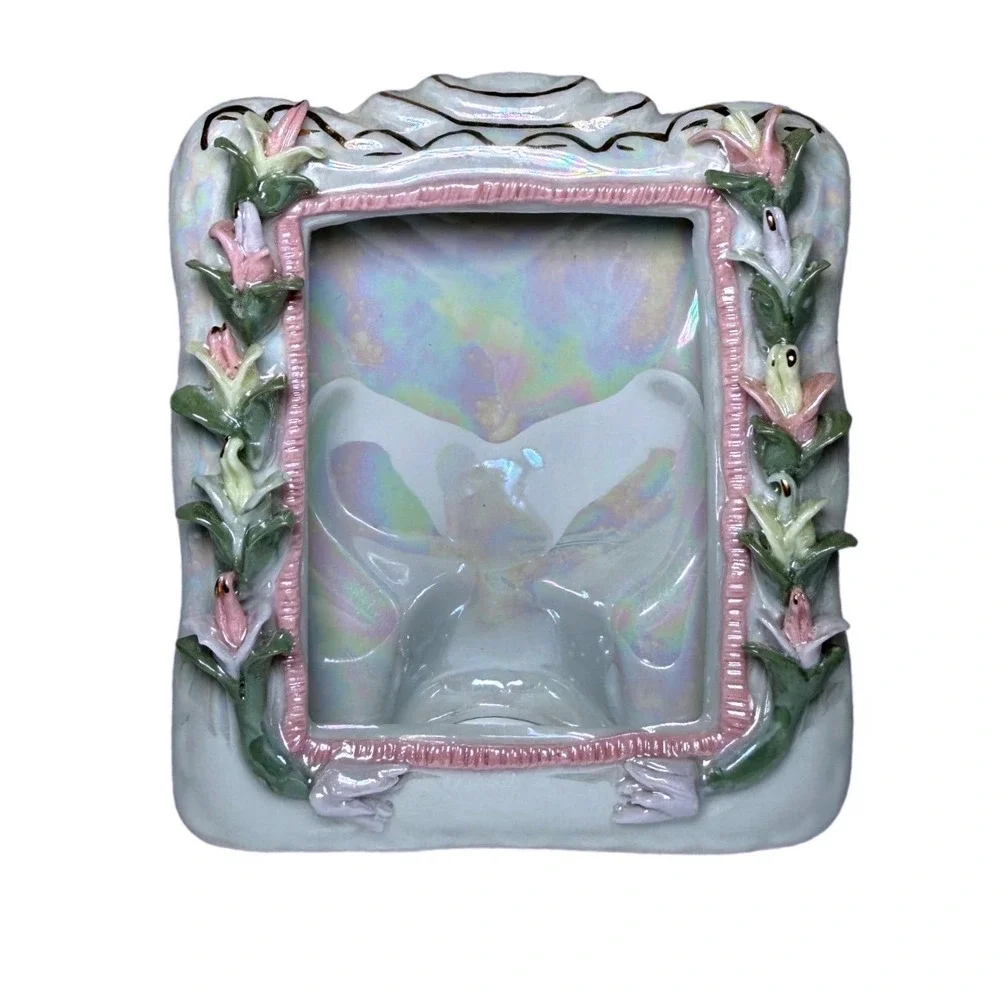 Vtg‎ Iridescent Ceramic Picture Frame 3D Floral Relief Cottagecore Shabby Chic